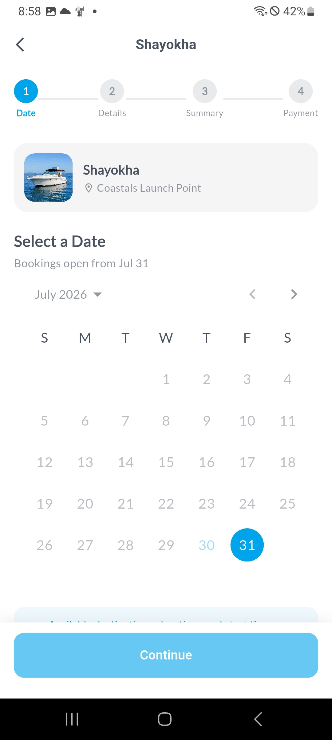 Coastals booking calendar screen