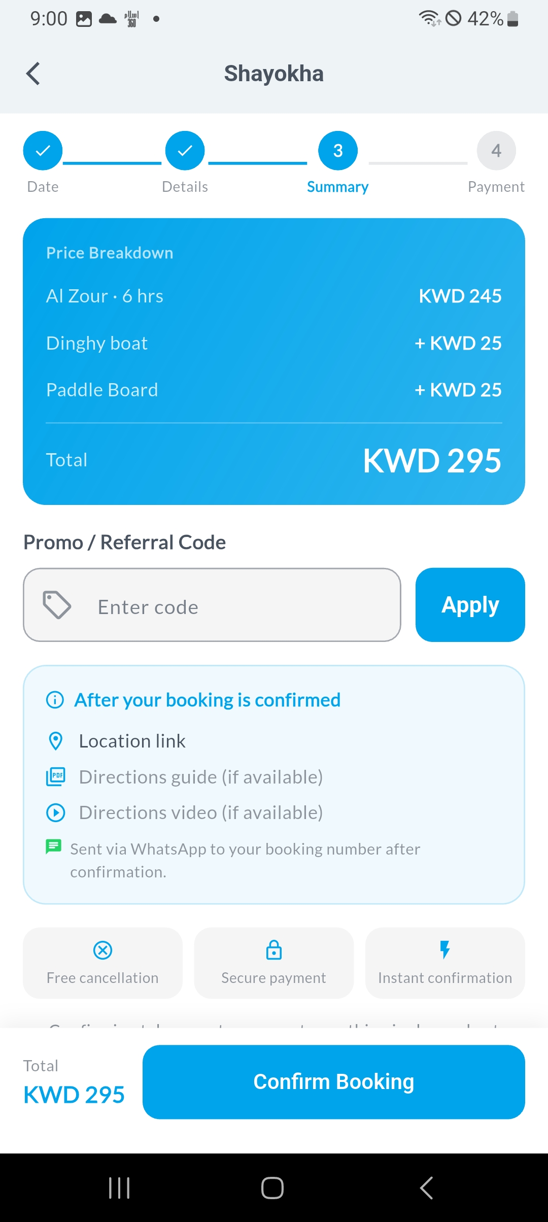 Coastals checkout screen showing transparent pricing and instant confirmation