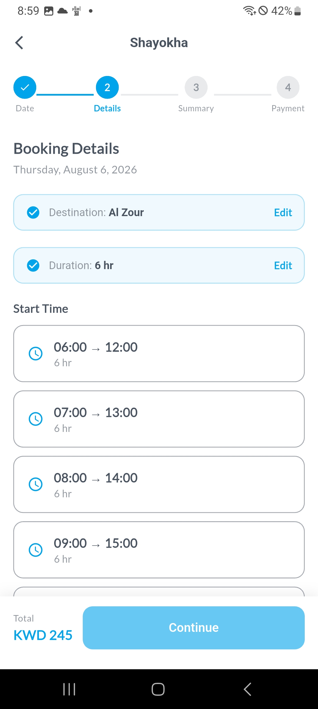 Coastals date and time selection screen
